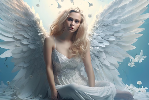 超現実的で夢のような構図の天使の羽を持つ女性