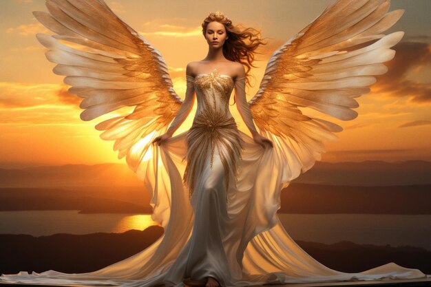 Photo woman with angel wings wearing white dress on rising sun background