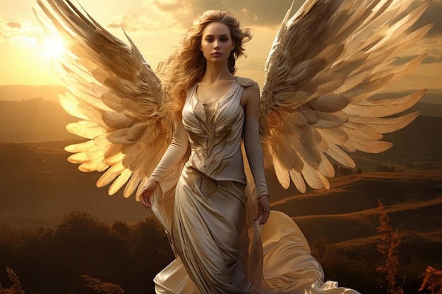 Женщина с крыльями ангела в белом платье на фоне восходящего солнца