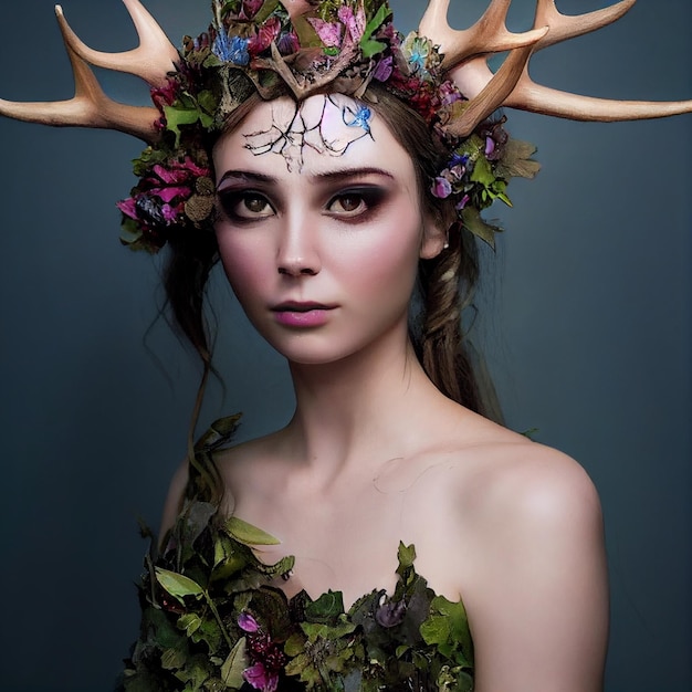 A woman with antlers and a dress made of antlers