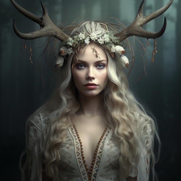 a woman with antlers and flowers on her head