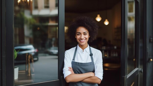 Foto una donna con un grembiule che dice afro