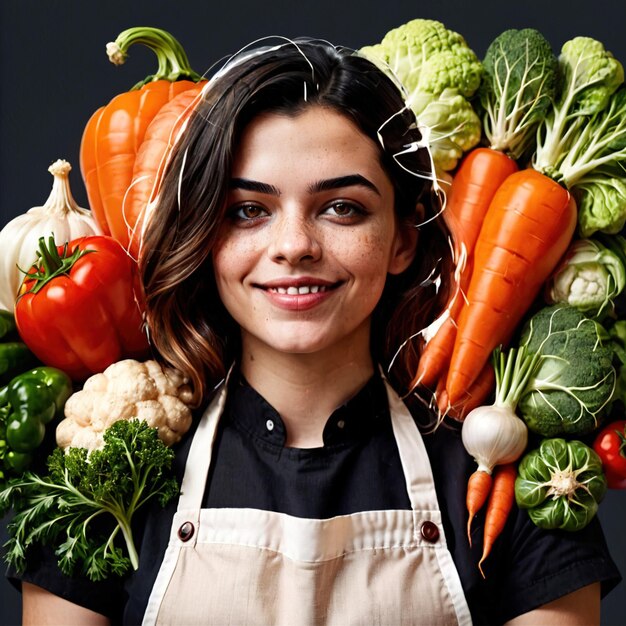 Photo woman with apron and vegetables vegetarian vegan groceries