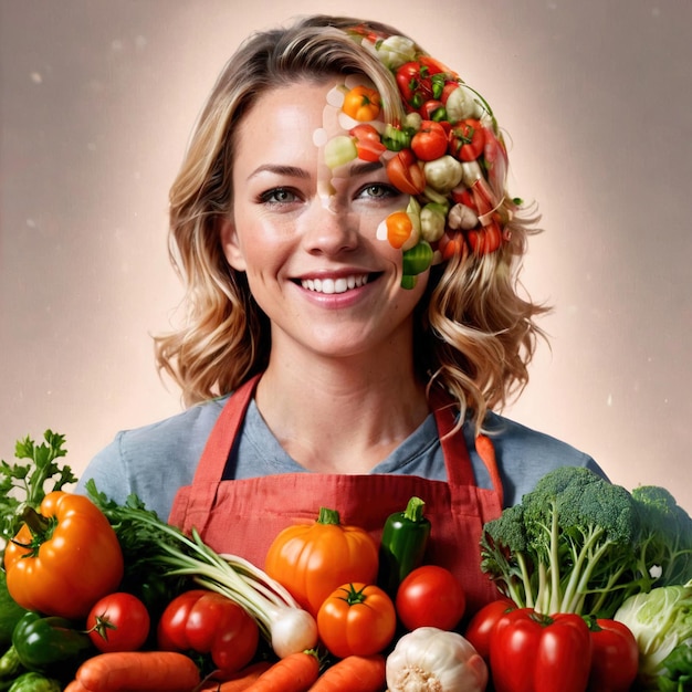 Woman with apron and vegetables vegetarian vegan groceries