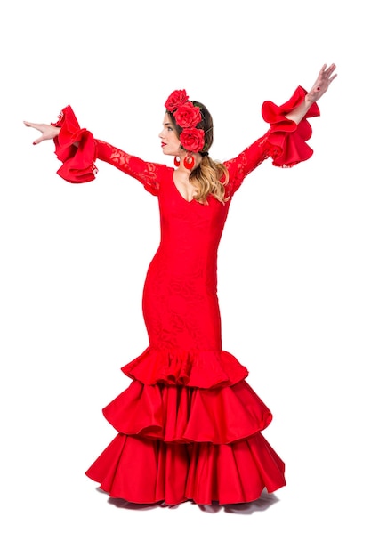 Woman with arms outstretched standing against white background