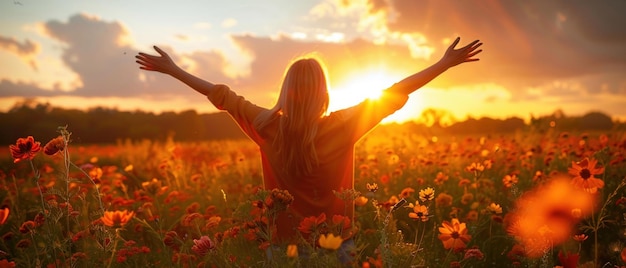 A woman with arms raised embraces the feeling of freedom in a wildflower field