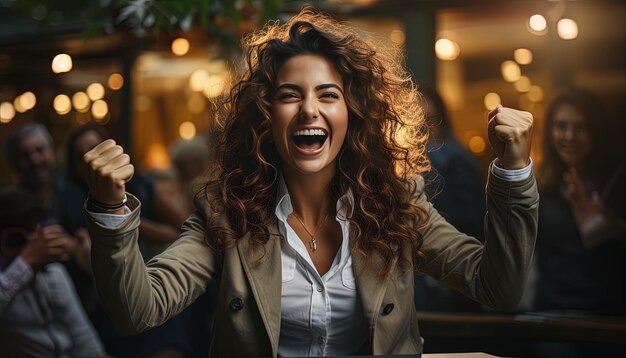 Foto donna con le braccia alzate davanti a una folla