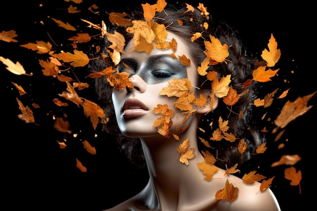 Woman with autumn leaves wreath Portrait of girl in dreamy fall mood with scattered leaves Generated AI