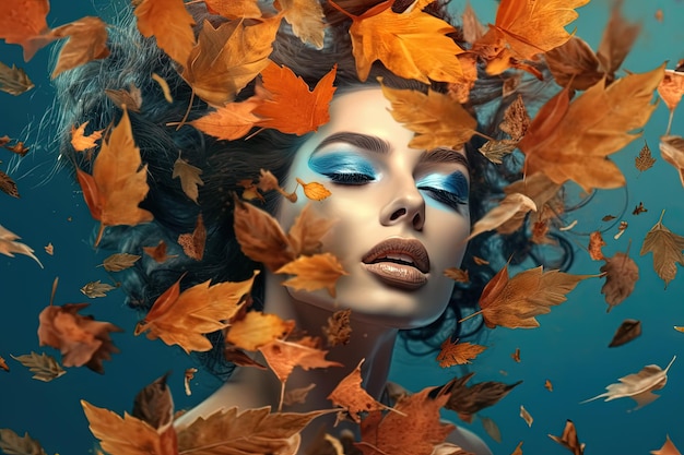 Женщина с венком из осенних листьев Портрет девушки в мечтательном осеннем настроении с разбросанными листьями Сгенерировано AI