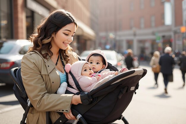 Woman with baby in carriage using phone