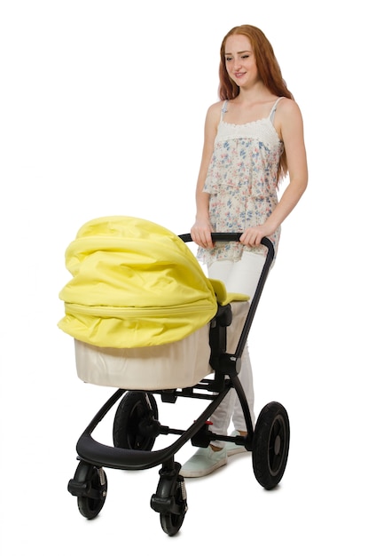 Woman with baby and pram isolated on white