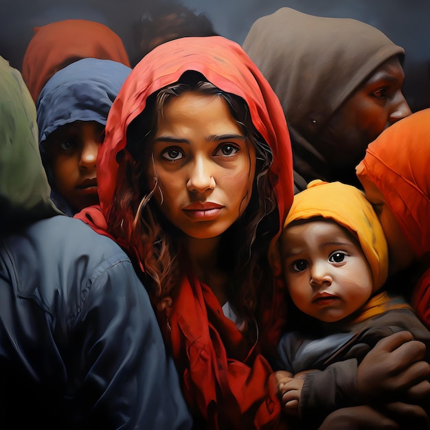 a woman with a baby and a red scarf