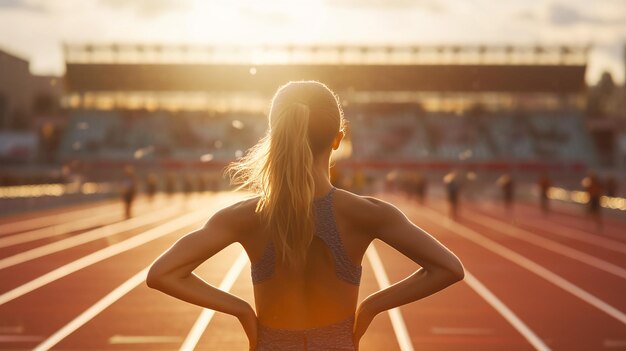 a woman with a back to the camera with the sun behind her back