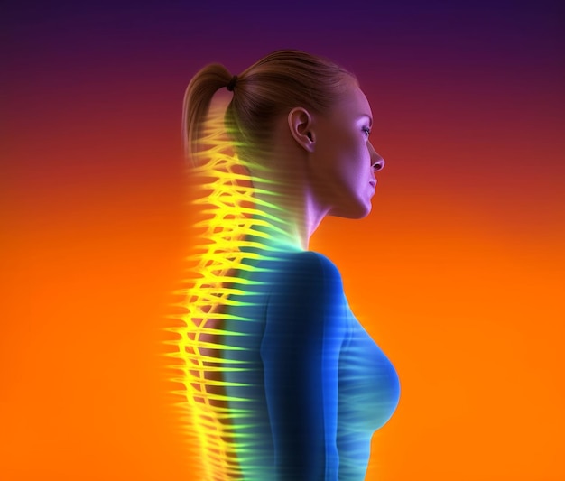 A woman with a back lit up with a colorful spine in the middle.