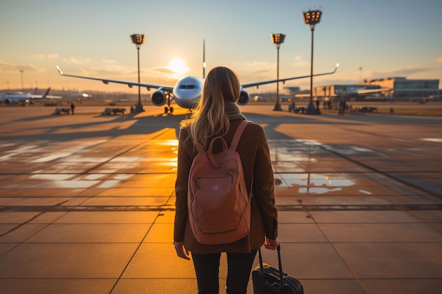 A woman with a backpack on airport Backside view Planes on the background