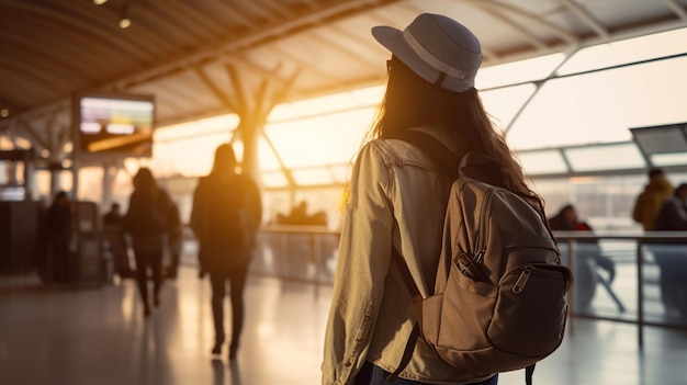 Foto donna con uno zaino all'aeroporto