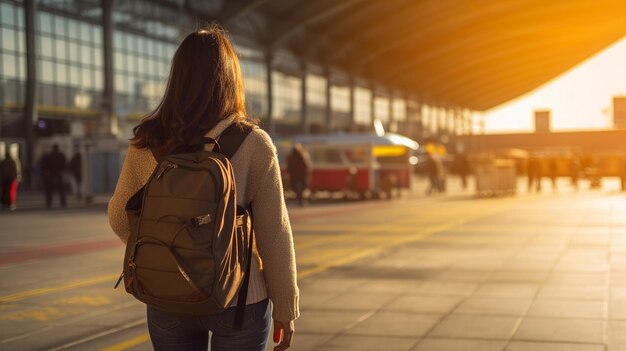 Женщина с рюкзаком в аэропорту