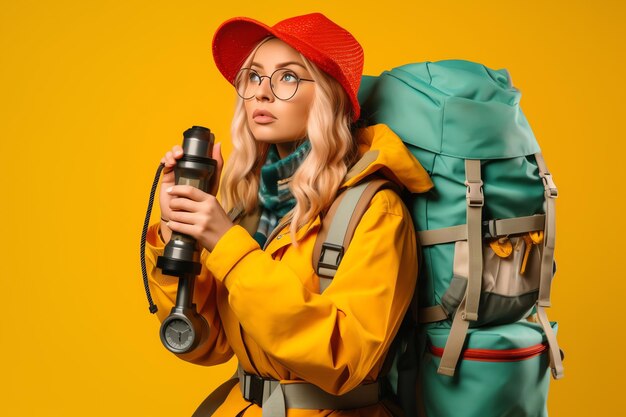 A woman with a backpack and binoculars stands on a yellow background.