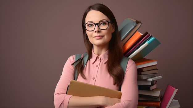 A woman with a backpack and books on her back stands in front of a stack of books.