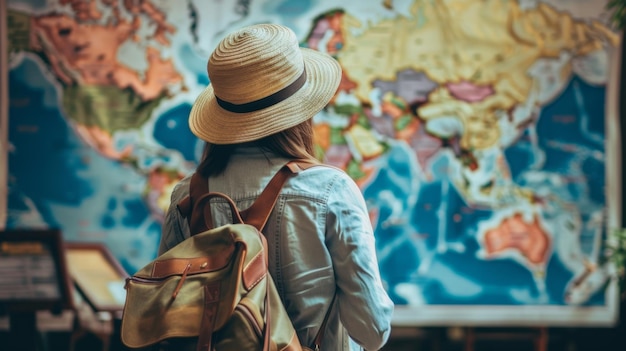 Женщина с рюкзаком и шляпой смотрит на карту