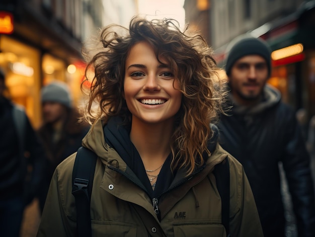 Photo a woman with a backpack on her back is smiling