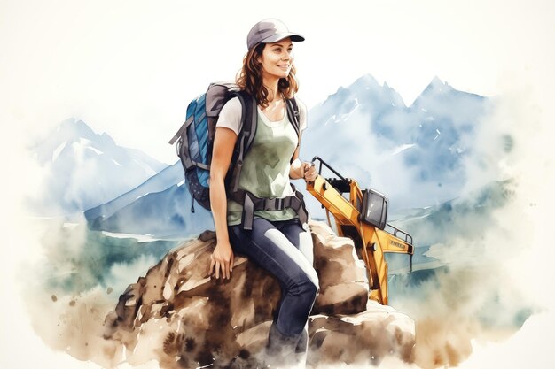 a woman with a backpack on her back sits on a mountain