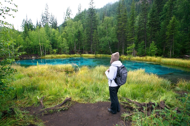 Woman with backpack hiking Lifestyle adventure concept forest and lake