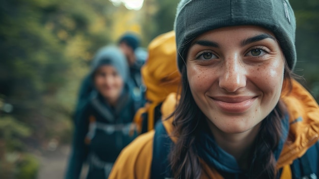 A woman with a backpack is smiling with water on her face AIG41