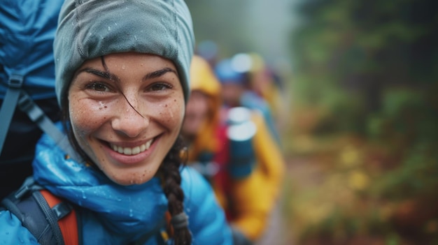 A woman with a backpack is smiling with water on her face AIG41