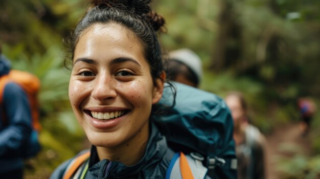 A woman with a backpack is smiling with water on her face aig