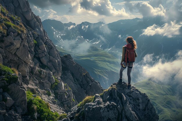 A woman with a backpack is standing on top of a mountain