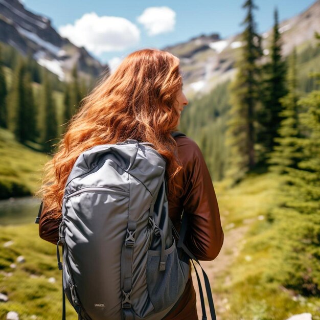 Foto una donna con uno zaino che guarda una montagna