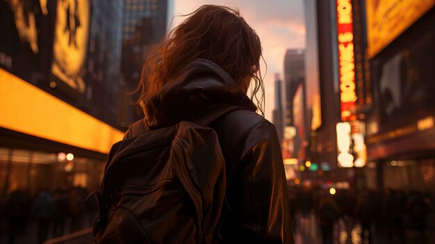 a woman with a backpack looking out a window at a city skyline