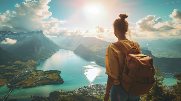 Woman with a backpack looking at the picturesque landscape from the top of a hill