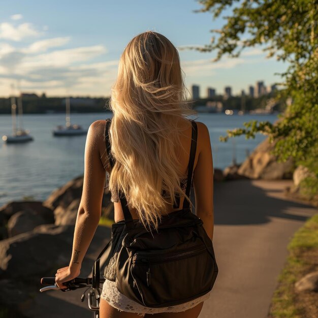 A woman with a backpack near a waterway in a coastal setting