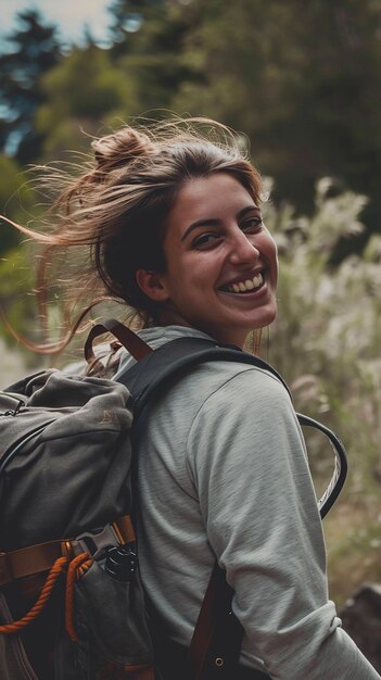 Foto una donna con uno zaino sorride alla telecamera