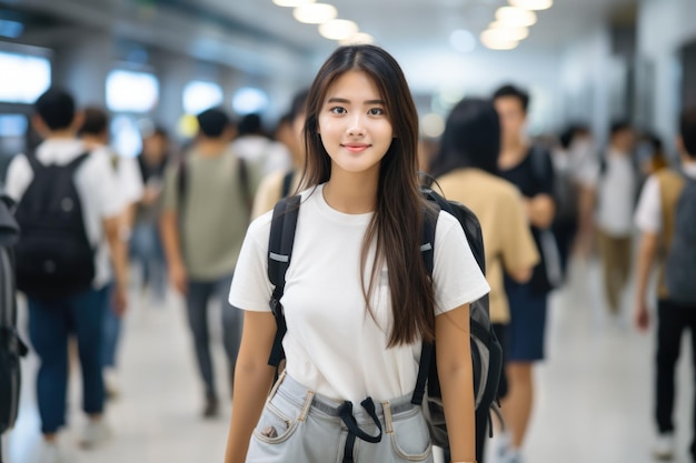 Photo woman with backpack standing in crowd of people suitable for travel urban lifestyle and adventure concepts