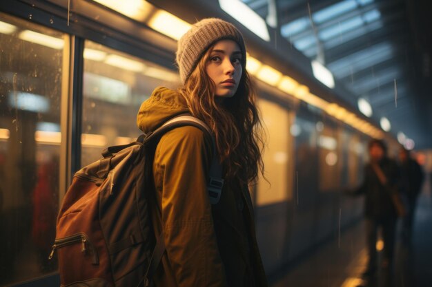 a woman with a backpack standing in a subway station