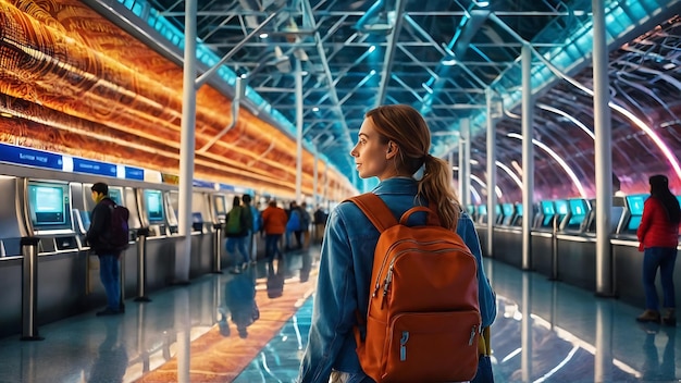 Photo a woman with a backpack stands in an airport with the word quot on it quot