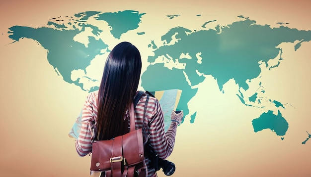 A woman with a backpack stands in front of a world map.