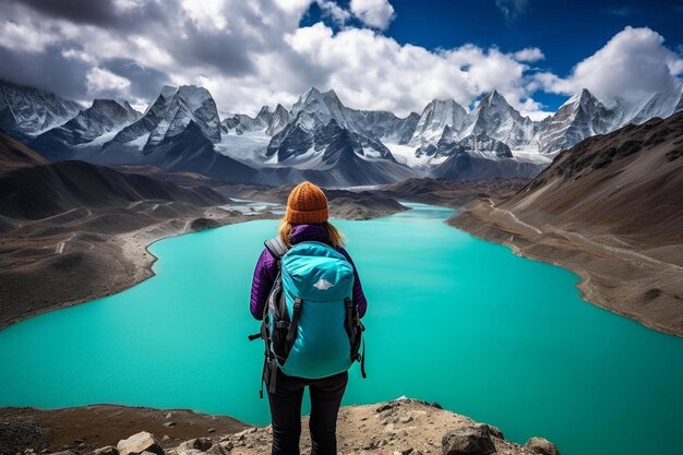 a woman with a backpack stands on a mountain overlooking a lake