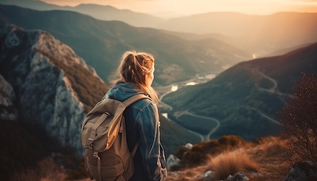 A woman with a backpack stands on a mountain top looking at a beautiful sunset.