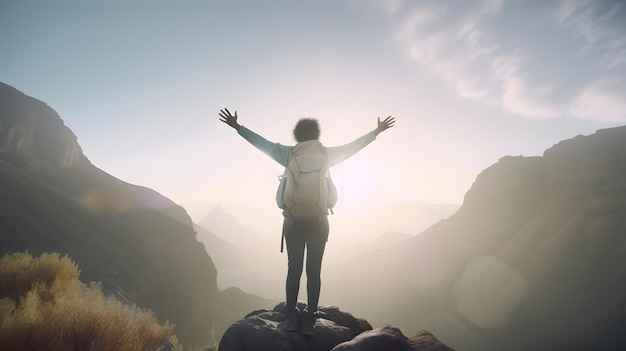 A woman with a backpack stands on a mountain top with her arms raised.