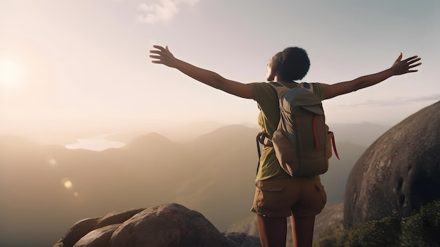 A woman with a backpack stands on a mountain top with the sun shining on her face.