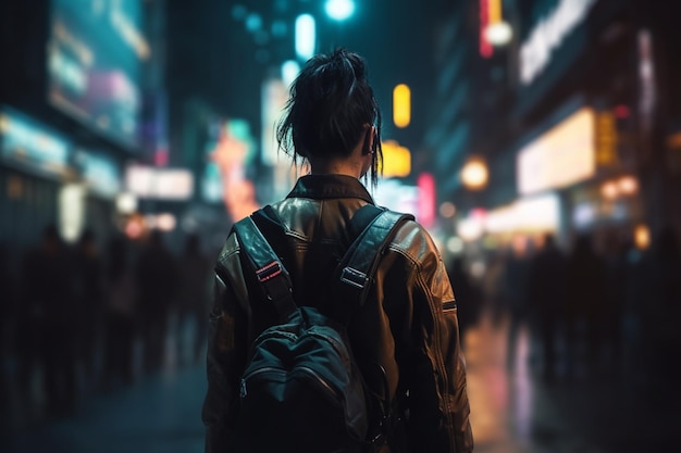 A woman with a backpack stands in the street at night.