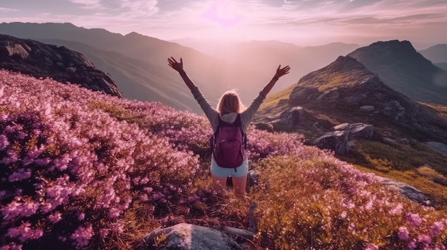 A woman with a backpack stands on top of a mountain and enjoys Generative AI