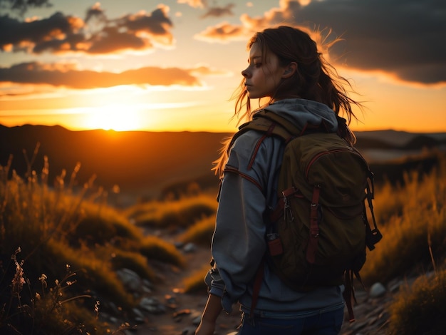 Photo a woman with a backpack stands on a trail in front of a sunset.