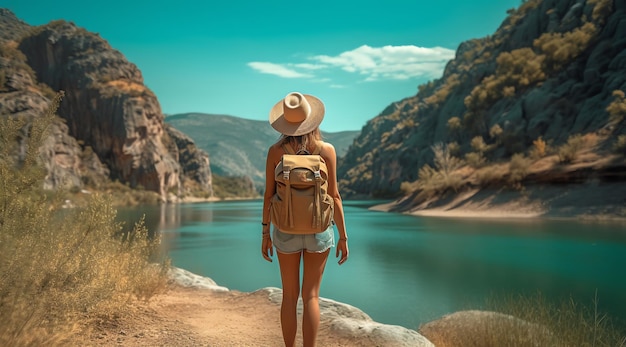 A woman with a backpack stands on a trail in the mountains.