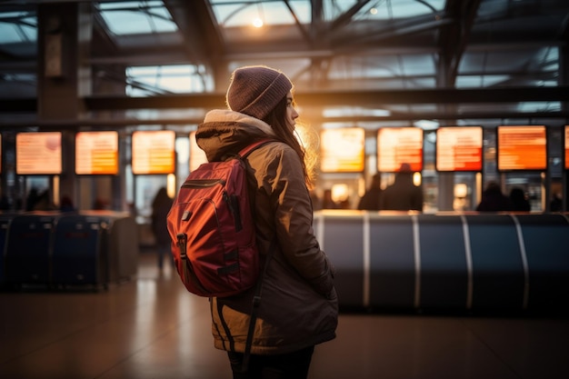 Foto donna con uno zaino che viaggia da sola ai generativa