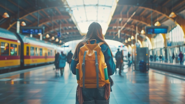 Photo woman with backpack waiting for train